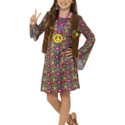 Smiffys Hippie Girl Costume, With Dress, Multi-Coloured
