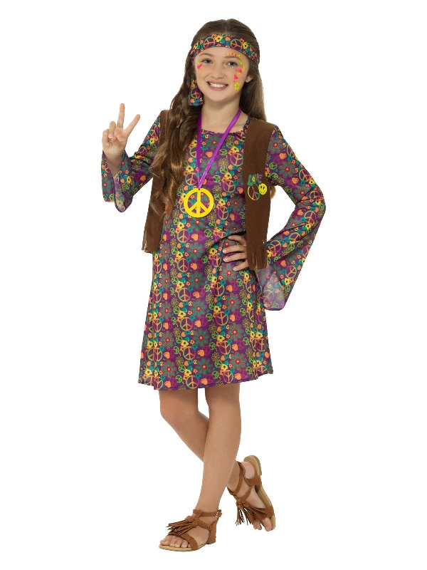 Smiffys Hippie Girl Costume, With Dress, Multi-Coloured 3 Smiffys Hippie Girl Costume, With Dress, Multi-Coloured